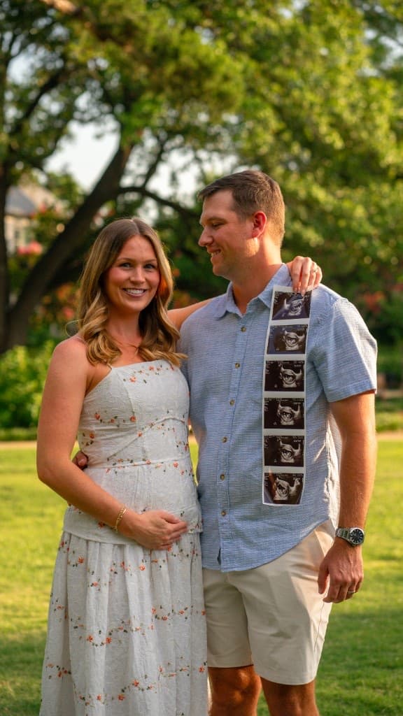 Expectant couple smiling at one another outdoors, holding ultrasound photos