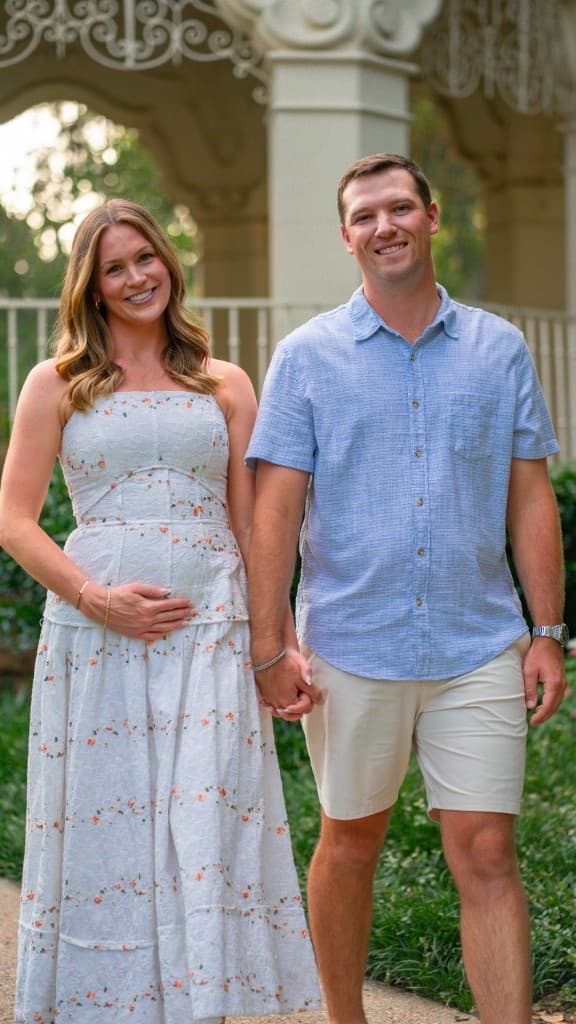 Expectant couple holding a blue gingham baby outfit between them